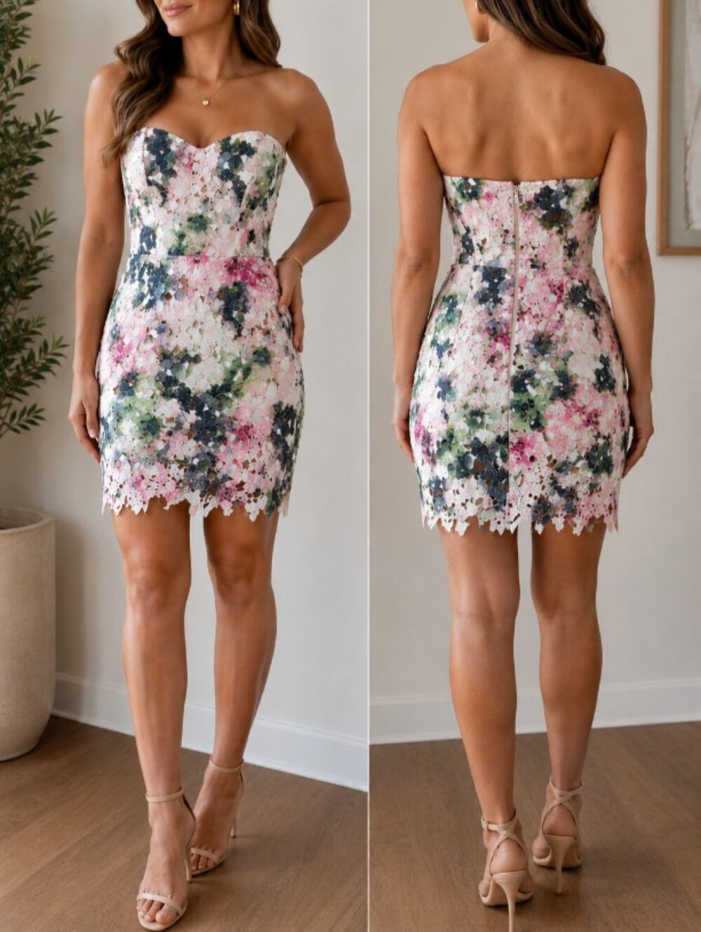 Mystic Floral Strapless Midi Dress in Pink, Green and Black Size SMALL